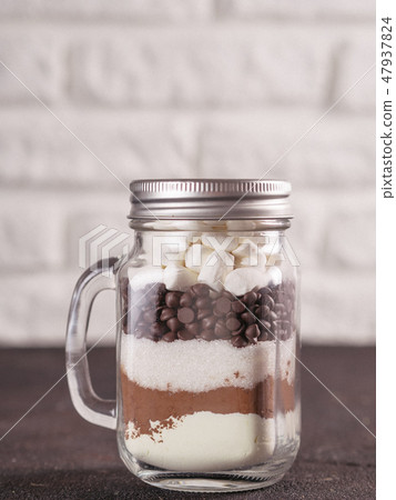 Hot chocolate mix in mason jar with copy space 47937824