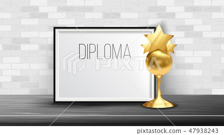 Certificate Diploma With Golden Cup Vector. Modern Gift. Elegant Document. A4 Frame. Stand. 3D Certificate Diploma With Golden Cup Vector. Modern Gift. Elegant Document. A4 Frame. Stand. 3D 47938243
