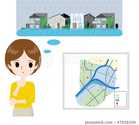 A woman imagining a scene where a hazard map and the city were flooded 47938309