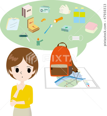 Emergency carry bag and hazard map and women troubled Emergency carry bag and hazard map and women troubled 47938313