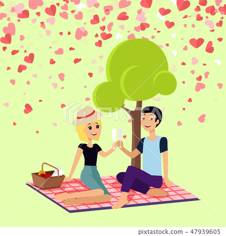 Valentine Picnic Day Couple Sits on Blanket Vector Valentine Picnic Day Couple Sits on Blanket Vector 47939605