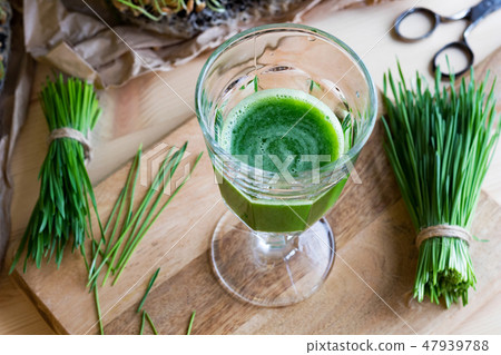 A glass of wheatgrass juice with fresh wheatgrass A glass of wheatgrass juice with fresh wheatgrass 47939788