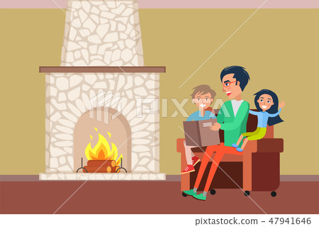 Father and Children Spending Time by Fireplace Father and Children Spending Time by Fireplace 47941646