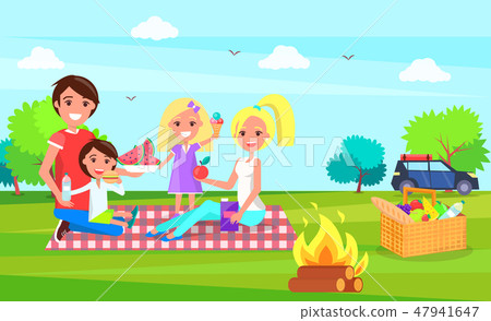 Picnic Family Sitting on Cloth Eating Watermelon 47941647