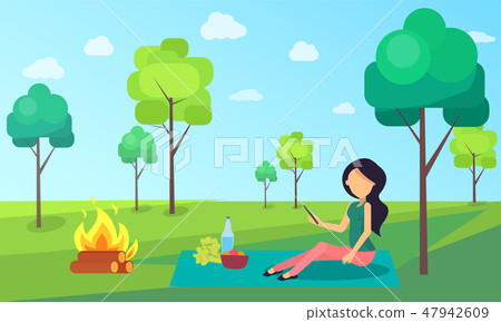 Picnic of Woman Sitting on Cloth Nature Greenery Picnic of Woman Sitting on Cloth Nature Greenery 47942609