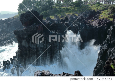 Daepo-dong Jangseoljeori，火山岩，海灘，熔岩，波浪， 47943865