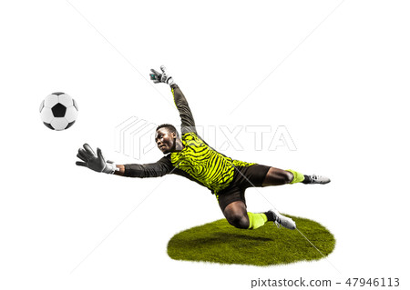 One soccer player goalkeeper man catching ball One soccer player goalkeeper man catching ball 47946113