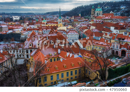 aerial scene of Prague city in winter, Czech aerial scene of Prague city in winter, Czech 47950060