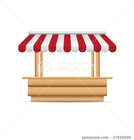 Wooden market stand stall with red and white sunshade. Mock up of wooden counter with canopy for 47950099