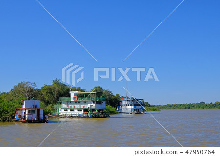 Houseboats on the riverbank at the harbor of Porto Jofre, Pantanal, Mato Grosso Do Sul, Brazil 47950764