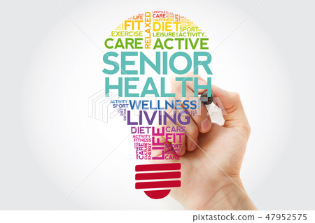 Senior health bulb word cloud with marker 47952575