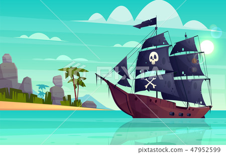 Vector cartoon pirate ship in bay, island 47952599