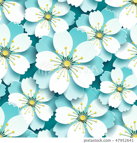 Seamless pattern with blue, white cherry blossom 47952641