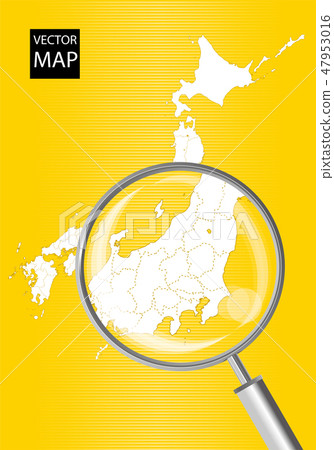 日本地圖（黃色）：用放大鏡放大的關東 - 信越地區地圖|日本群島矢量數據 47953016