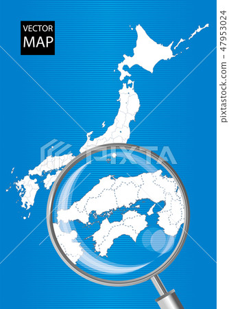 Map of Japan (blue): Map of Shikoku / China / Sanin area enlarged with a magnifying glass | Japan Archipelago Vector Data Map of Japan (blue): Map of Shikoku / China / Sanin area enlarged with a magnifying glass | Japan Archipelago Vector Data 47953024
