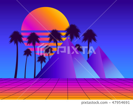 Retro futurism pyramids with palm trees Retro futurism pyramids with palm trees 47954691