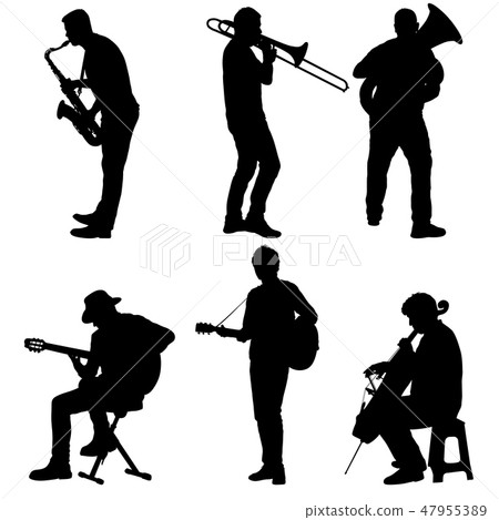 Silhouettes street musicians playing instruments  47955389