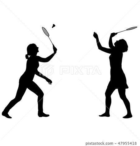 Black set silhouette of female badminton player 47955418