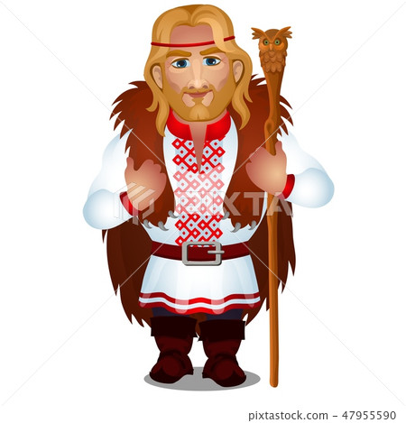 Slavic man in embroidered shirt or vyshyvanka with bear skin and a magic staff isolated on white 47955590