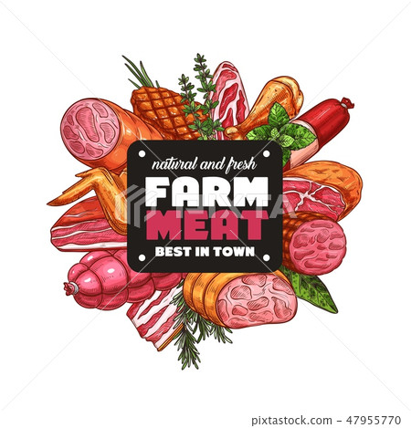 Pork or beef meat and sausage, butchery Pork or beef meat and sausage, butchery 47955770