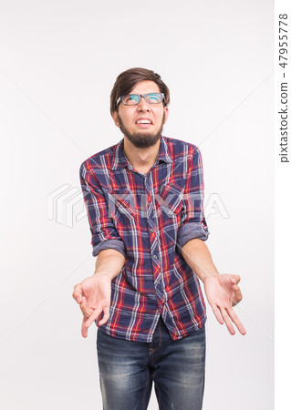 People, gesture and fashion concept - excited angry handsome man isolated over white People, gesture and fashion concept - excited angry handsome man isolated over white 47955778