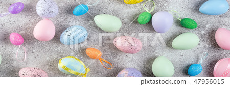 Many decorated Easter eggs as background, top view. Festive tradition 47956015