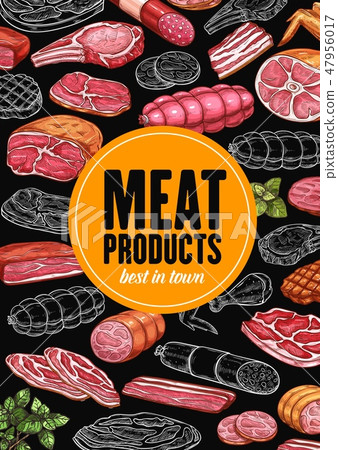 Butchery meat and sausages, basil leaves 47956017