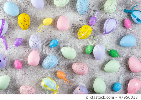 Many decorated Easter eggs as background, top view. Festive tradition 47956018