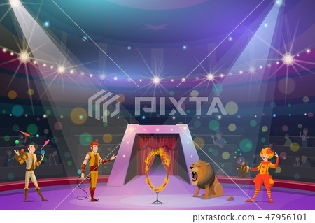 Juggler, clown, handler and lion on circus show 47956101