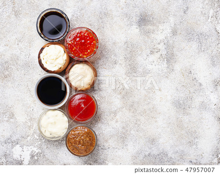 Ketchup, mayonnaise, mustard, soy sauce and tartar Ketchup, mayonnaise, mustard, soy sauce and tartar 47957007