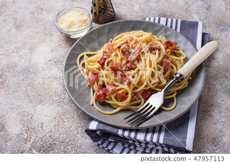 Pasta Carbonara with bacon and parmesan Pasta Carbonara with bacon and parmesan 47957113