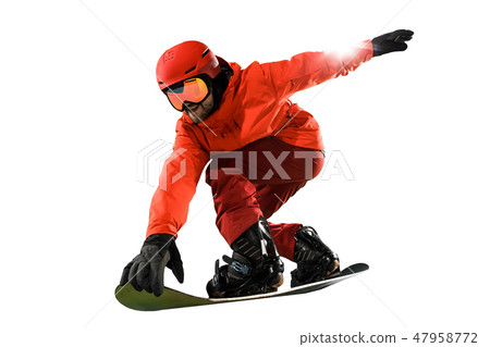 Portrait of young man in sportswear with snowboard isolated on a white background. Portrait of young man in sportswear with snowboard isolated on a white background. 47958772