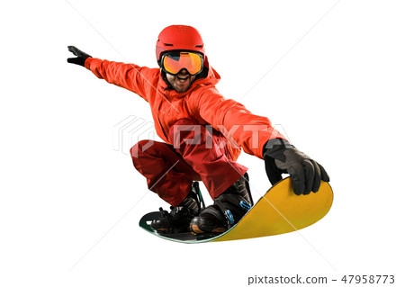 Portrait of young man in sportswear with snowboard isolated on a white background. Portrait of young man in sportswear with snowboard isolated on a white background. 47958773