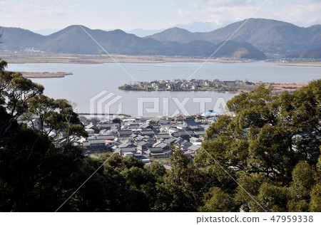 Distant view of Lake Biwa from Azuchi castle tower donkei ruins Distant view of Lake Biwa from Azuchi castle tower donkei ruins 47959338