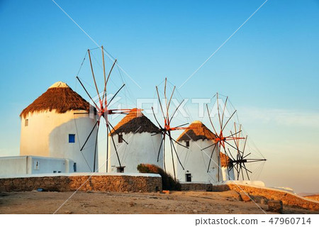 Mykonos windmill sunset 47960714