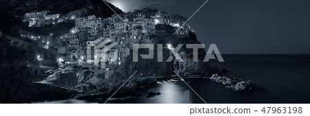 Manarola moonrise in Cinque Terre night panorama 47963198