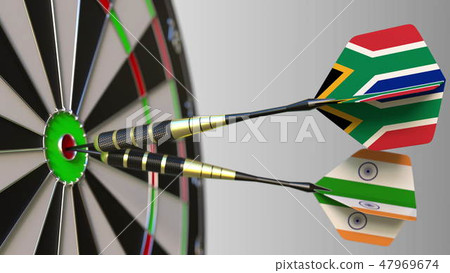 Flags of South Africa and India on darts hitting bullseye of the target. International cooperation Flags of South Africa and India on darts hitting bullseye of the target. International cooperation 47969674