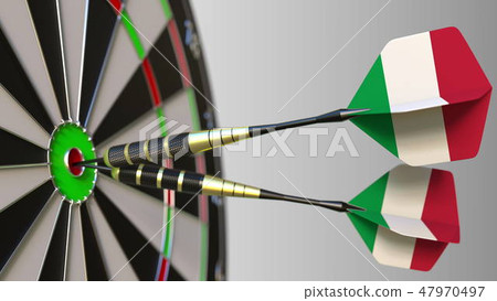 Italian national achievement. Flags of Italy on darts hitting bullseye. Conceptual 3D rendering Italian national achievement. Flags of Italy on darts hitting bullseye. Conceptual 3D rendering 47970497