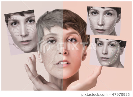 Anti-aging, beauty treatment, aging and youth, lifting, skincare, plastic surgery concept. Anti-aging, beauty treatment, aging and youth, lifting, skincare, plastic surgery concept. 47970935