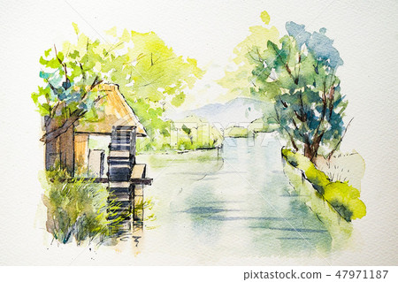 Watercolor painting Landscape painting Nagano prefecture Azumino king Wasabi plantation 47971187