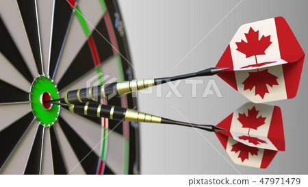 Canadian national achievement. Flags of Canada on darts hitting bullseye. Conceptual 3D rendering Canadian national achievement. Flags of Canada on darts hitting bullseye. Conceptual 3D rendering 47971479