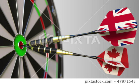 Flags of the United Kingdom and Canada on darts hitting bullseye of the target. International Flags of the United Kingdom and Canada on darts hitting bullseye of the target. International 47971545