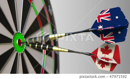 Flags of Australia and Canada on darts hitting bullseye of the target. International cooperation or Flags of Australia and Canada on darts hitting bullseye of the target. International cooperation or 47971592