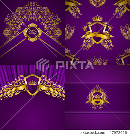 Set of luxury ornate backgrounds in vintage style. Elegant gold frame with floral elements, blazon 47972036