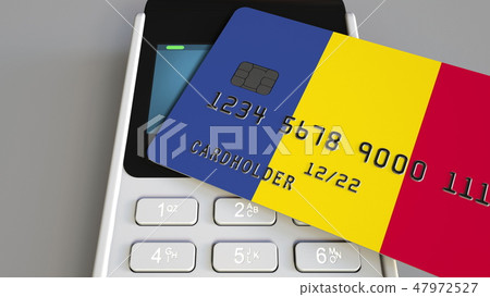 Payment terminal with credit card featuring flag of Romania. Romanian national banking system Payment terminal with credit card featuring flag of Romania. Romanian national banking system 47972527