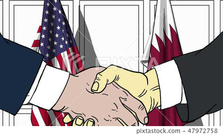 Businessmen or politicians shake hands against flags of USA and Qatar. Official meeting or Businessmen or politicians shake hands against flags of USA and Qatar. Official meeting or 47972758