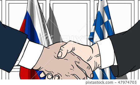 Businessmen or politicians shake hands against flags of Russia and Greece. Official meeting or Businessmen or politicians shake hands against flags of Russia and Greece. Official meeting or 47974703