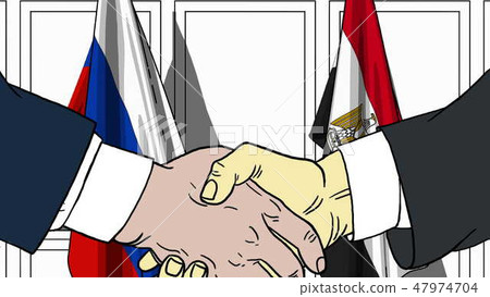 Businessmen or politicians shake hands against flags of Russia and Egypt. Official meeting or 47974704
