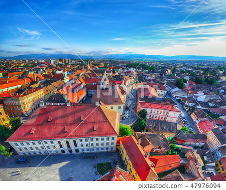 Town of Sibiu city seen from cathedral bell tower 47976094