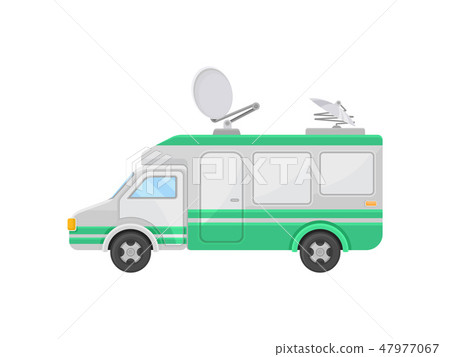Outside broadcast van, side view. Truck with satellite dish antennas on roof. TV broadcasting car 47977067
